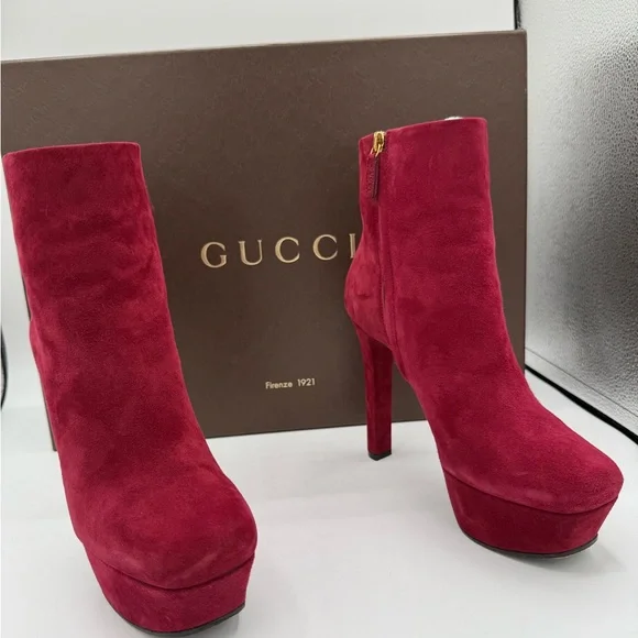 Gucci Kid Suede Red Platform Ankle Boots High Heel EU 37.5 US 7.5 - Picture 8 of 17